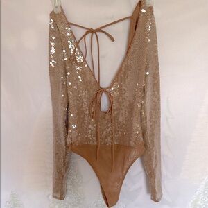 Bardot Gold Sequin Bodysuit with Tie Front